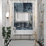 A bathroom with a marble floor, porcelain slab walls, and porcelain shelf.