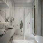 A contemporary bathroom with porcelain slab walls and flooring.